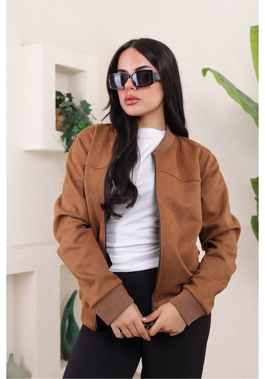 Bomber Kolej Su Geçirmez Ceket Kahverengi Süet