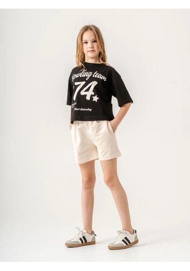 Kız Çocuk Pamuklu 74 Yazılı Şortlu Takım-15886 Siyah