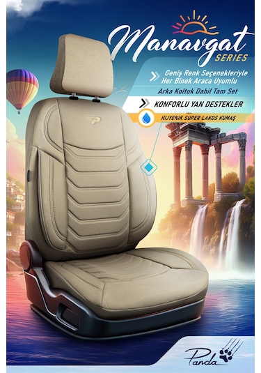 Bej - Bej Panda Manavgat Serısı Lakos Kumaş Oto Koltuk Kılıfı - Tam Set