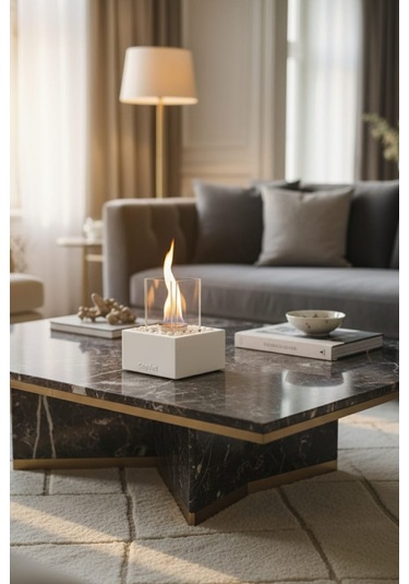 Quadrata Beyaz Biyoetanol Masaüstü Şömine - 1 Lt Yakıt Ve Dekoratif Taş Hediye