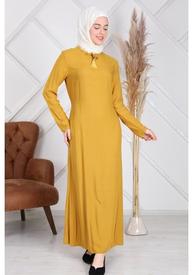 Reis Pamuk Viskon Puantiyeli Sarı Kadın Tesettür ElbiseSarı