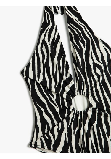 Koton Halter Yaka Mayo Zebra Desenli Derin V Yaka Pencere Detaylı Siyah Çizgili 4sak20110mm Siyah