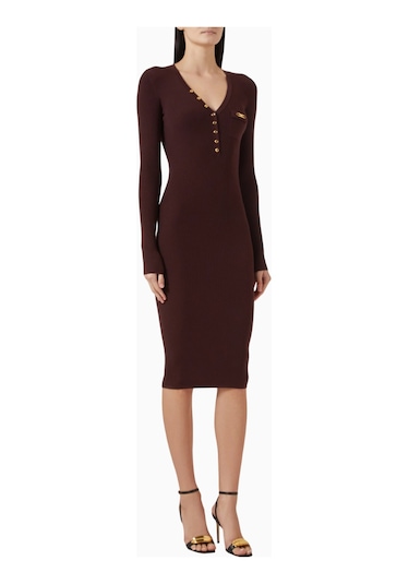 Elisabetta Franchi Ribbed Midi Triko Elbise, Lüks Günlük Şıklık Bordo