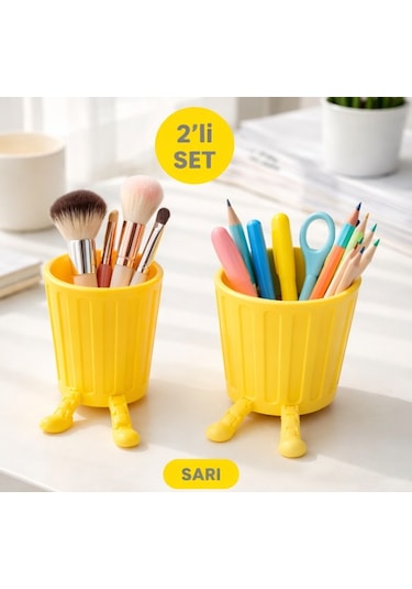 2 Li Set Sevimli Hareketli Ayaklı Dekoratif Organizer Masaüstü Saklama Kutusu Sarı