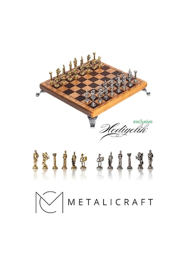 Mc59 Bizans Figürlü El Yapımı Metal Satranç Takımı Kayın Ağacı Satranç Tahtası - Lüks Hediyelik