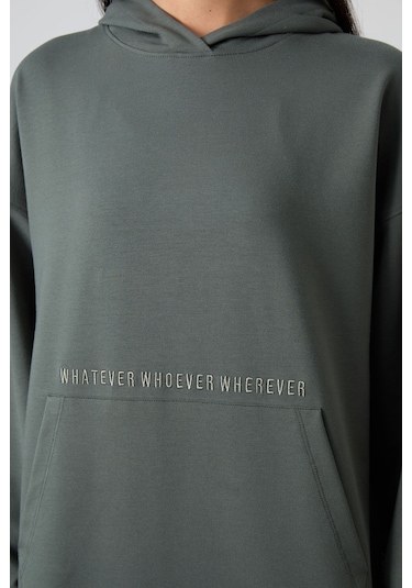 Tommy Life Çağla Balon Kol Yazı Nakışlı Kadın Oversize Tunik Sweatshirt - 97163 Çağla