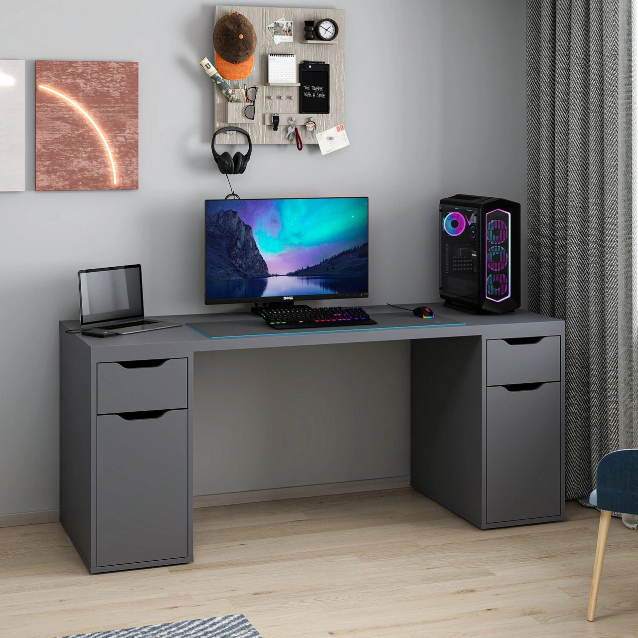 Alen 180 Cm 2 Çekmeceli 2 Dolaplı Çalışma & Oyuncu Masası - Antrasit Siyah