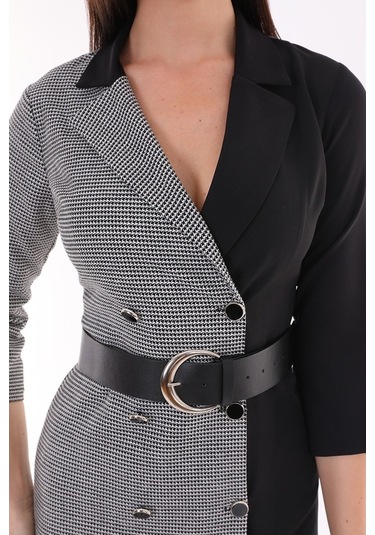 Etselements Kadın Düğme Ve Kemer Detaylı Kazayağı Ofis Elbise Siyah