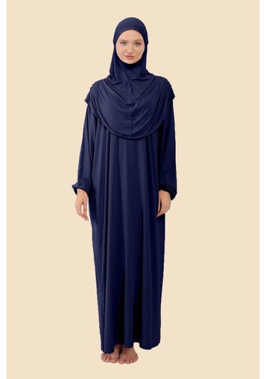 Tek Parça Tesettür Elbisesi Tak Çıkar Başörtülü Organik Pamuklu Lastikli Kolu Kaymaz Penye Kumaş Lacivert