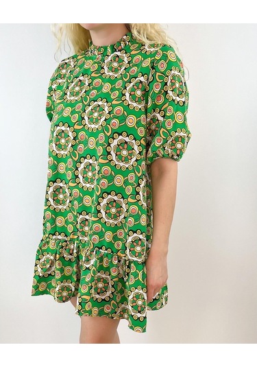 Modaonna Kadın Yeşil Etnik Desenli Kloş Elbise Yeşil