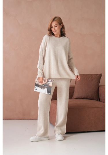 Kadın Bisiklet Yaka Yırtmaçlı Kazak Pantolon İkili Triko Takım Taş