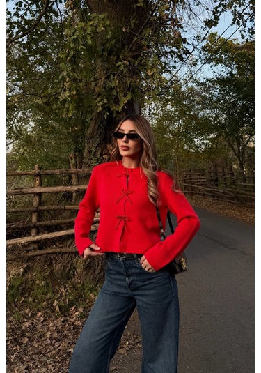 Kırmızı Fiyonk Boncuk Detaylı Hırka - 251072 Kırmızı