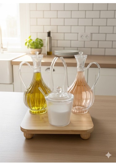 Morponi Cam Yağlık Ve Tuzluk Seti Bambu Altlıklı Şık Sunum 3'lü Set Glorry Çizgili Tasarım Beyaz