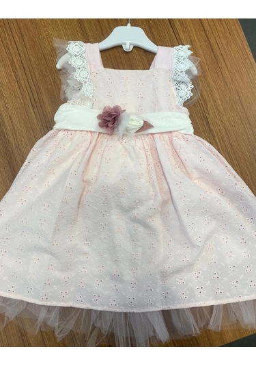 Yazlık Keten Kemerli Çiçek Aksesuarlı Bebe Kız Elbise Pembe