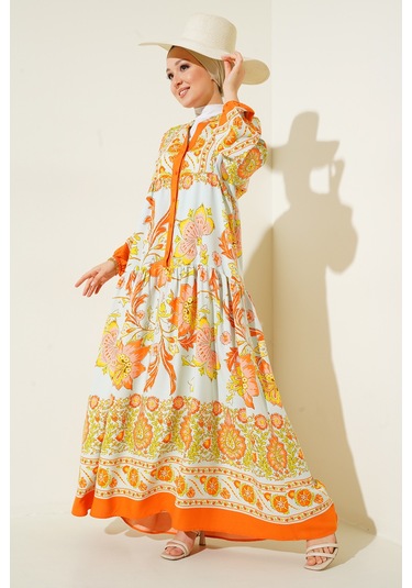 Bigdart 2423 Otantik Desenli Elbise - Y.Turuncu
