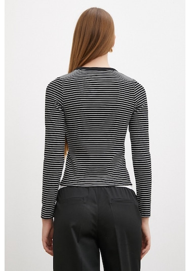 Bisiklet Yaka Çizgili Bluz Siyah Siyah