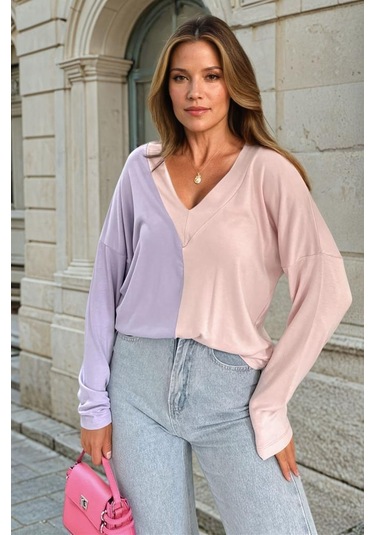 Kadın Color Block Uzun Kol V Yaka Rahat Bluz 3587200 Lila