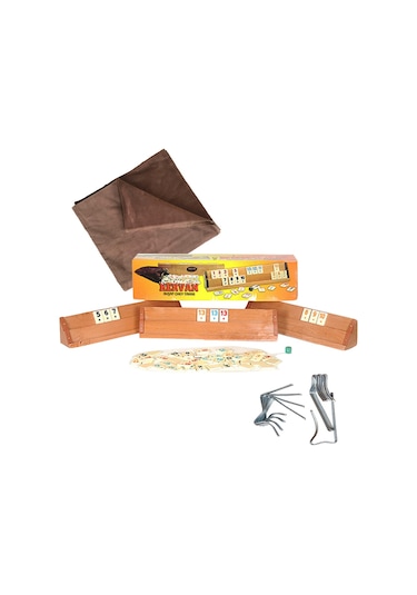 Okey Takımı Set - Kervan Ahşap Ağaç Okey + Masa Örtüsü + Kıskaç