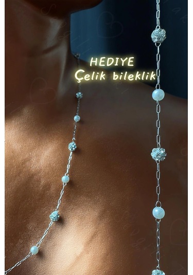 Parlak Taşlı Tasarım Silver Çelik Zincir Kolye Bileklik Hediyeli Glorious Serisi Gümüş - Beyaz