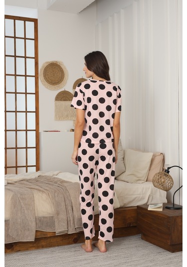 Kadın Yazlık Kısa Kol Penye Süprem Kumaş Pijama Takımı Pembe Puanlı