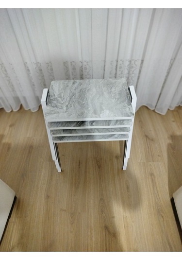 Zigon Sehpa 4'lü Mermer Desenli Tepsi Model Gri Mermer Desen Antrasit Ayak Gri Mermer