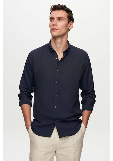 Ds Damat Slim Fit Lacivert Oxford Düğmeli Yaka Kolay Ütülenebilir Nakış Detaylı Pamuklu Gömlek 4HC02ORT03265 Lacivert