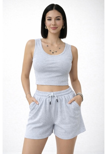 Trend Alisse Kadın Beli Lastikli Şort Crop Alt Üst İkili Takım Gri