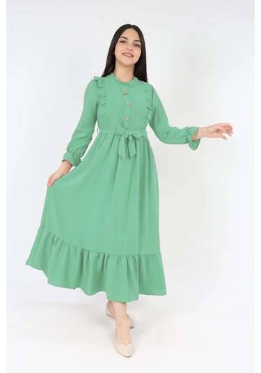 Kız Cocuk Uzun Elbise Aerobin Keten Kumaş Tesettür Uzun Boydan Elbise Fıstık Yeşil