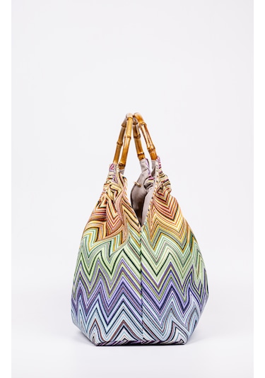 Fabric Craft Bag El Çantası Bambu Saplı Zigzag Desenli Duck Kumaş Çok Renkli
