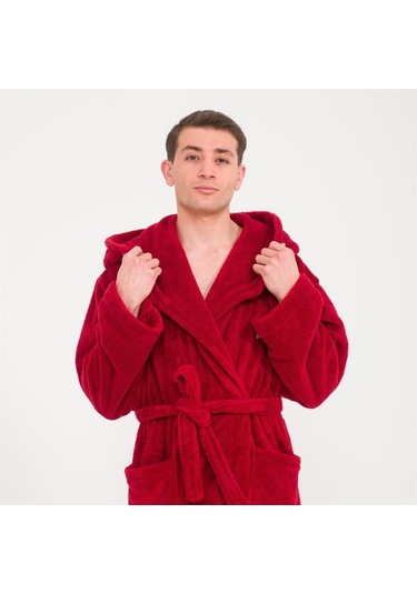 Erkek Uzun Welsoft Kapüşonlu Sabahlık - Bordo