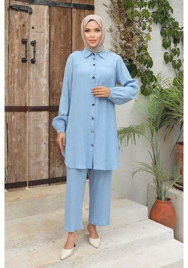 Büzgü Detaylı Tesettür Bebe Mavisi Takım Bebemavisi Bebek Mavisi