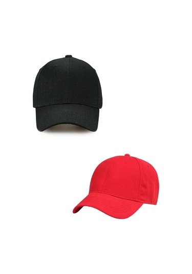 Unisex Ayarlanabilir Spor Siyah-kırmızı Basic Kep Şapka 2'li Set Siyah - Kırmızı