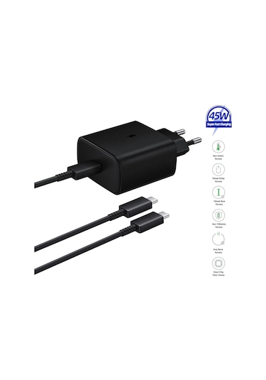 Samsung Galaxy A36 Uyumlu 45w Type-c Super Hızlı Şarj Cihazı Seti - İthalatçı Garantili - Siyah Siyah