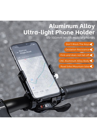 Lemestar Bisiklet Ve Elektrikli Araçlar İçin Aluminyum Gps Telefon Tutucu - Sürüş Güvenliği İçin Sağlam Tutma 55-100mm Telefon, 20-33mm Direk Uyumlu Siyah