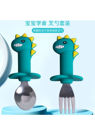 Qingmipy Bebekler İçin Dinozor Desenli Yeşil Silikon Kaşık Seti - Toksik İçermez, Dayanıklı Ve Pratik