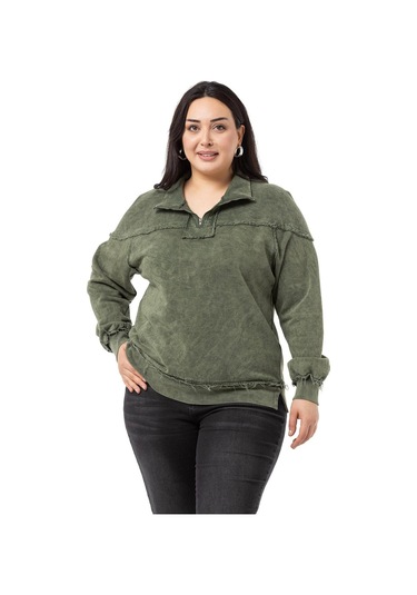 Büyük Beden Pis Dikişli Fermuarlı Yırtmaçlı Parça Boyalı Haki Sweatshirt-haki Haki