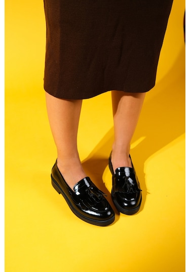 Milina Siyah Rugan Püsküllü Hakiki Deri Kadın Loafer Ayakkabı Siyah