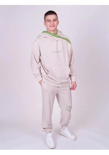 Çocuk 2 İplik Kumaş Pamuklu Sırtı Yazı Detaylı Kapüşonlu Tasarım Sweatshirt-13541 Bej