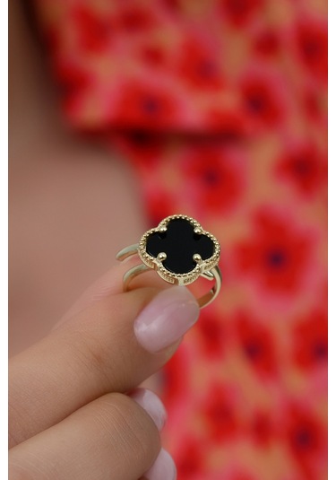 14k Altın Kaplamalı 925 Ayar Gümüş Granada Saray Yoncası Yüzük - Siyah Oniks 34025202 Altın