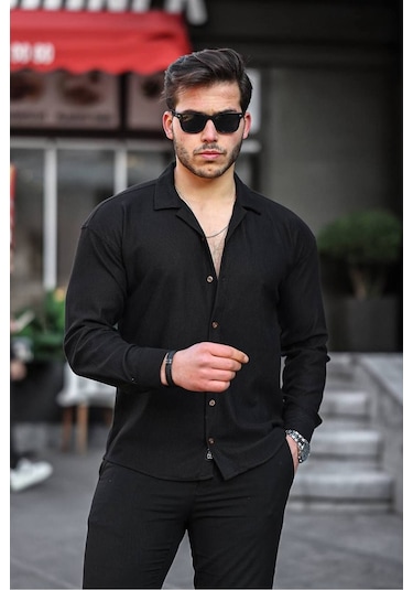 Tex Republic Erkek Siyah Fitilli Ottoman Gömlek Siyah