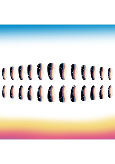 Günlük Orta Çizgili Badem Giyilebilir Tırnaklar Gökkuşağı Yıldızlı Gökyüzü Tatlı Ve Havalı Çok Yönlü Parlak Takma Tırnaklar 24 Parça Tırnak Sanatı Dahil Araçlar Ys1105