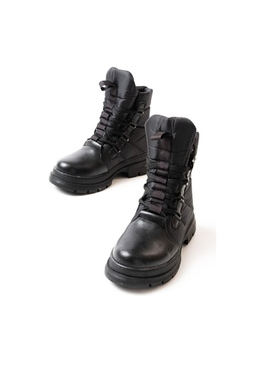 Asm-083 Siyah Bağcıklı Su Geçirmez Kadın Kar Botu-a Siyah Cilt Siyah