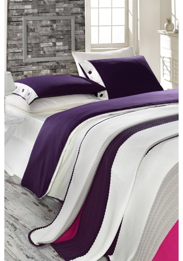 Akrilik Örgü Battaniye Seti Tek Kişilik Mor Krem