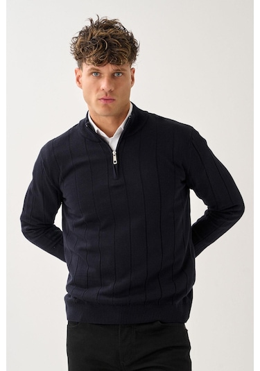 Dikey Dokuma Desenli Fermuarlı Triko Kazak Lacivert