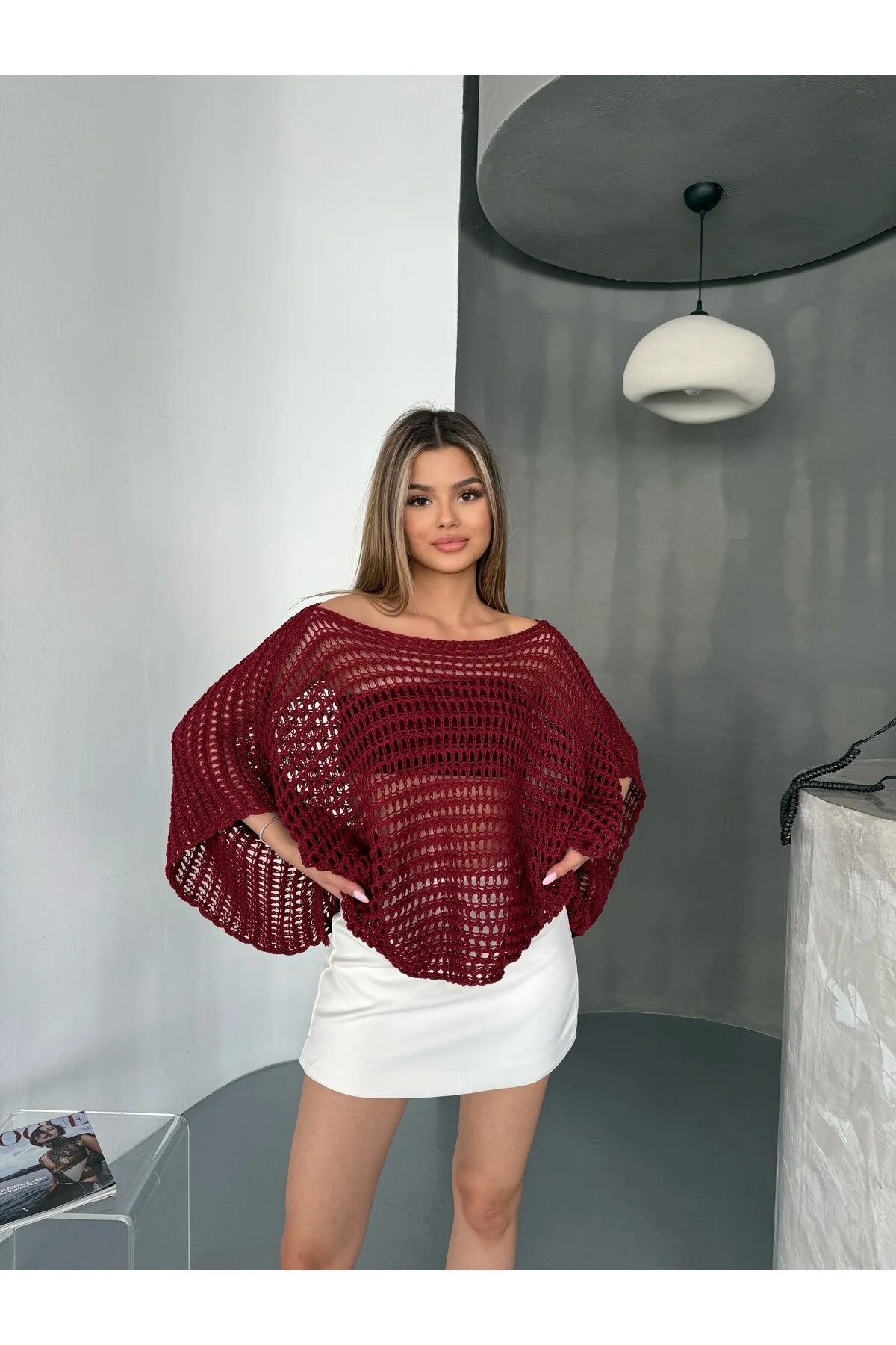 Lea Yazlık Yarasa Kol Dökümlü Triko Pamuk Bluz Açık Bordo