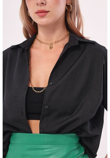 Armonika Kadın Siyah Oversize Uzun Basic Gömlek Arm-22y001118