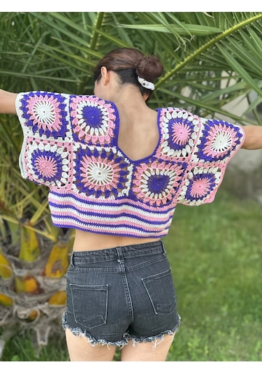 Gönülden Tasarım El Örgüsü Etnik Kadın Crop Bluz Mor