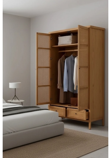 Altea Rattan Detaylı Masif Gardırop Ahşap
