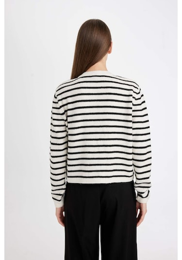 Defacto Regular Fit Bisiklet Yaka Çizgili Düğmeli Triko Hırka C9051AX24WNER105 Ekru