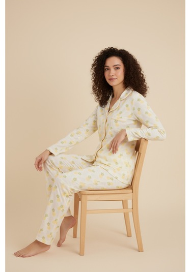 Luxury Viscose Ananas Desenli Kadın Uzun Kollu Pijama Takımı 42571 Sarı